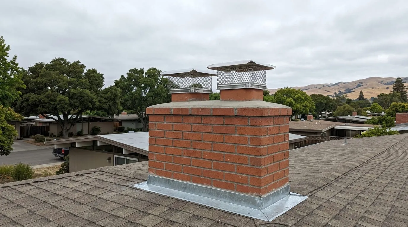 Two new stainless spark-arrestor caps fitted on a brick chimney above a Sunnyvale rooftop, Santa Clara Valley hills behind