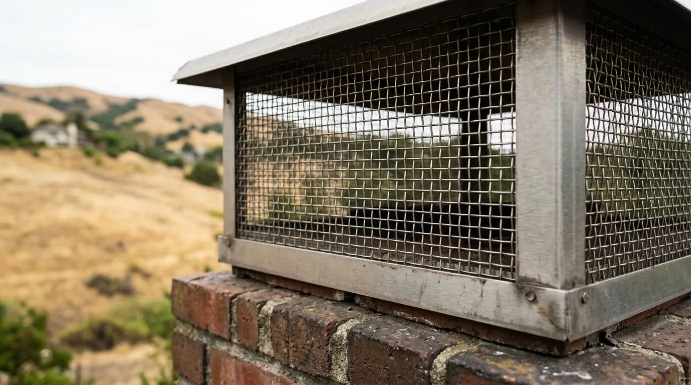 Close detail of a fine stainless mesh spark-arrestor cap sized to stop ember intrusion