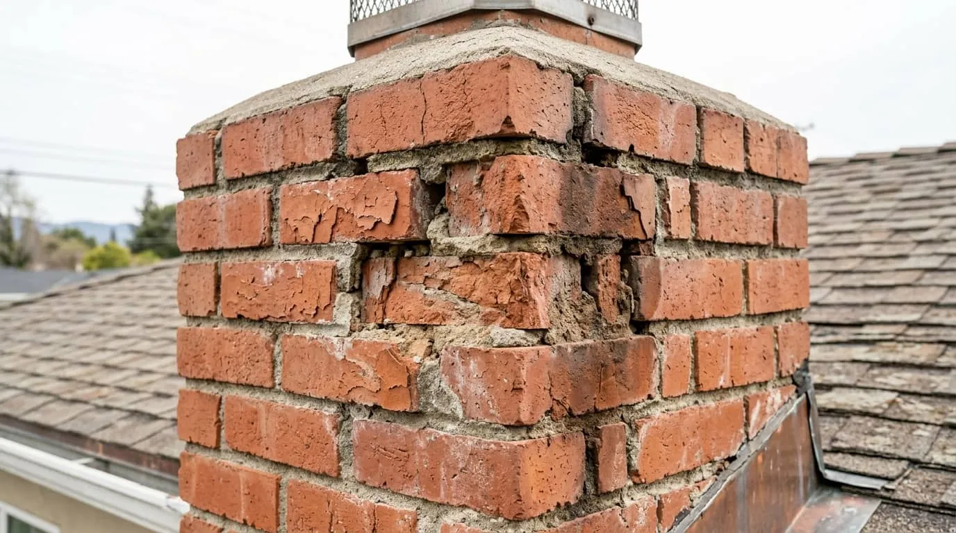 Brick faces flaking away and open mortar joints on a chimney, close detail