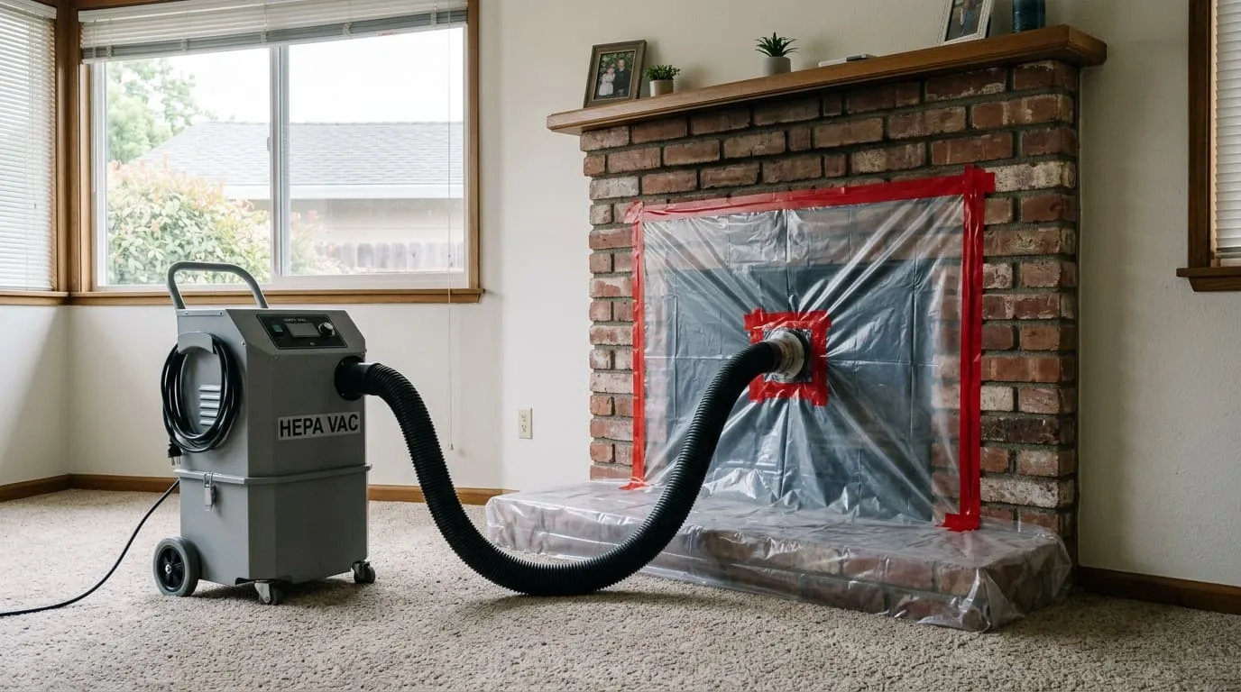 A large HEPA extraction vacuum hose sealed into a firebox opening during a chimney cleaning